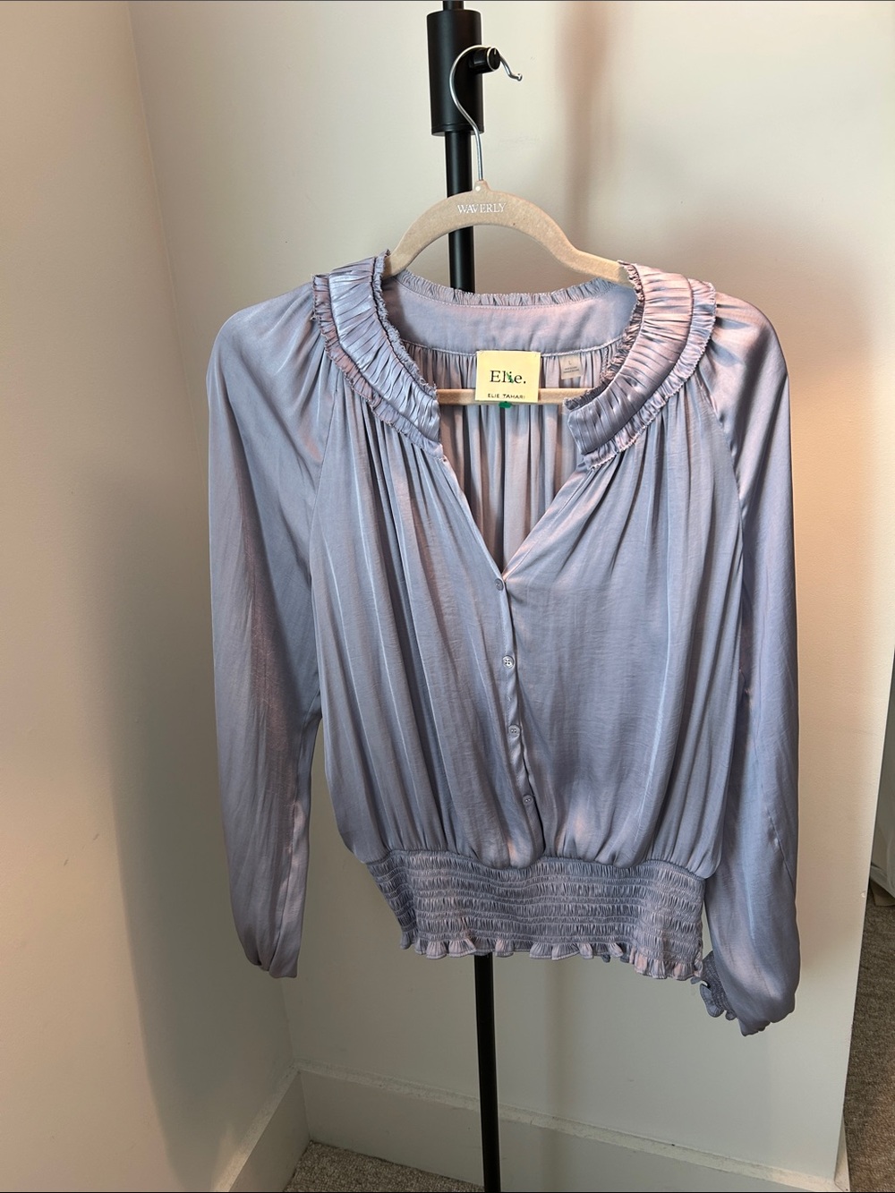 Elie Tahari Smoky Lavender Satin Ruffled-Neck Button Front Blouse